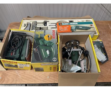 Electrical tools to include Bosch Lathe Kit S18, Bosch orbital sander, router, planer together with glue gum and detail sande