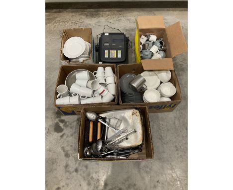 Large quantity ceramic plates, cups tea pots, cash register, utensils and other