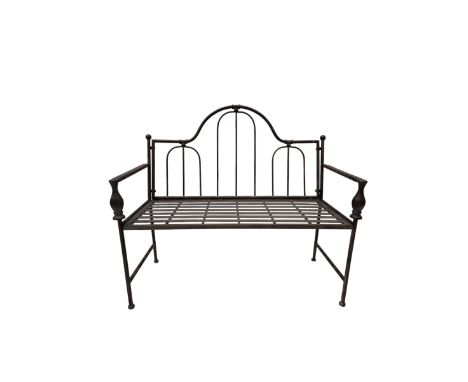 Wrought metal central arch shaped back garden bench in dark metallic finishDimensions: Height:&nbsp;100cm&nbsp; Length/Width: