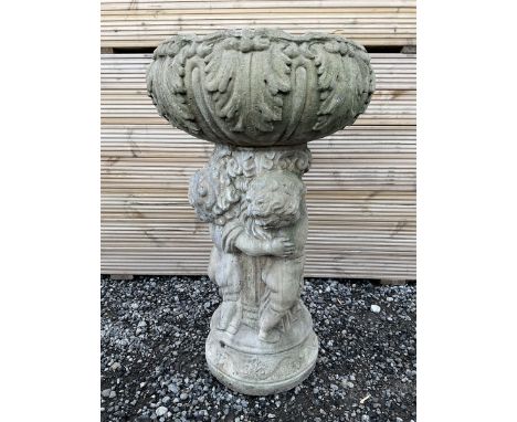 Cast stone planter or bird bath, supported by classical putti on circular base - THIS LOT IS TO BE COLLECTED BY APPOINTMENT F