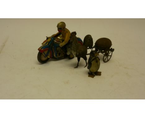 Vintage and Modern Tin Toys, A trio of toys including a Lehman friction drive, cockerel and 'egg' cart (incomplete), a clockw
