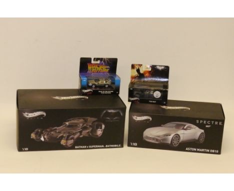 Boxed Hotwheels Vehicles From Film, Comprising Hotwheels Elite 1:18 scale Batman V Superman Batmobile and Spectre 007 Aston M