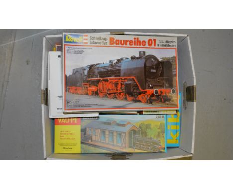 A Collection of HO Scale Lineside Accessory Kits by Various Makers, including Revell BR 01 locomotive, loco shed by Vau-Pe, G