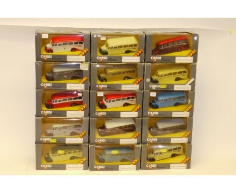 Corgi Classics, A boxed collection of vintage private and commercial vehicles, including many OB coaches, mostly in grey boxe