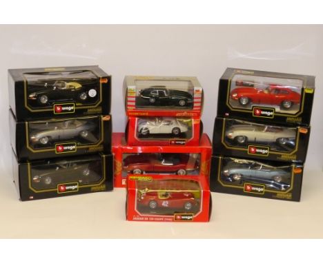 Boxed Jaguar Models, A collection of 1:18, 1:16 and 1:24 scale examples comprising Burago 3018 E Coupe 1961 (2) and 3016 E Ca