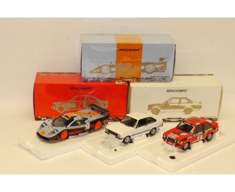 Boxed Minichamps 1:18 Scale Models, A limited edition trio comprising, Ford Escort II RS 1800 1975 (one wing mirror broken), 