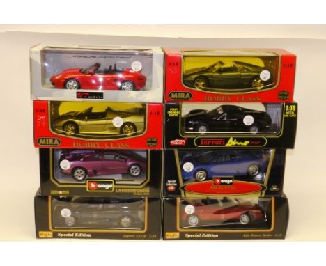 1:18 Scale European Models, A boxed group of modern vehicles comprising, Maisto Jaguar XJ220 and Alfa Romeo Spider, UT Models