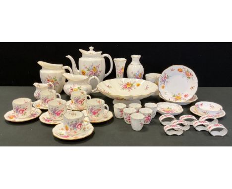 Royal Crown Derby Posies pattern - coffee pot, six coffee cups and saucers;  large comport/bowl;  milk jugs, six egg cups, se