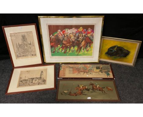 Harry Elliott (1882-1959), by and after, Carriage with Passenger disembarking, pochoir print, 26cm x 75cm;  another, K. Wagne