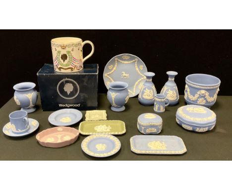 A Wedgwood powder blue jasperware planter;  others vases, trinket dishes, etc;  a Richard Guyatt Captain Mark Phillips &amp; 