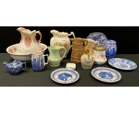 Ceramics - A Victorian stoneware Offilers Fine Ales flagon, Auld Lang Syne;  washing jug and bowl set;  blue and white Ringto