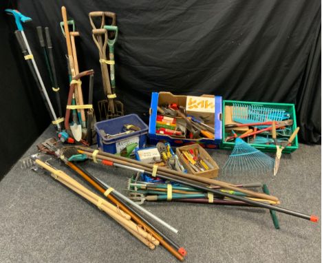 Gardening tools - including Draper forks, racks, edging in tool, small hand garden tools. Plus wood work hand tools and Stanl