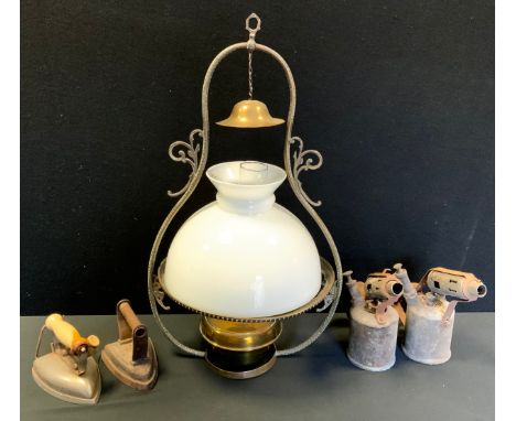 A brass salon/ships oil hanging lantern, opaque glass shade; tools,  blow lamps 