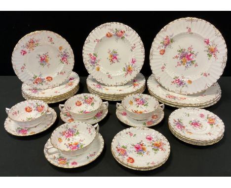 A Royal Crown Derby Posies pattern part dinner service, with ridged and banded moulded bodies, gilt lips, comprising, four di