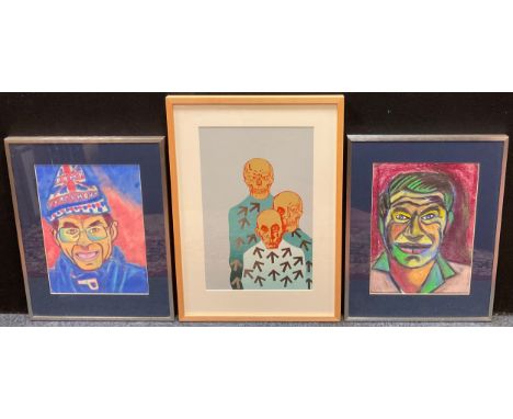 British modern surrealist school, 'Mortality', screen print, 49cm x 32cm;  a pair of naive school portraits, each 40cm x 29cm