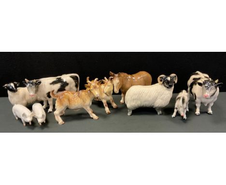 A pair of Beswick model Pigs, Champion Wall Boy &amp; Wall Girl, gloss;  others Melba Goats, Donkey, Sheep, Bull &amp; Cows e