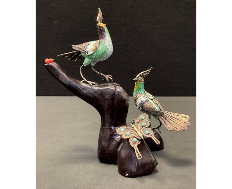 A Chinese cloisonné and silver filigree model, as two birds and a butterfly resting on a branch, coral and turquoise detailin