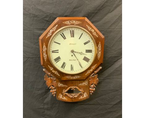 Local Interest - a Victorian mother of pearl inlaid oak drop dial wall clock, 30cm painted cream dial, marked Blount, Belper,