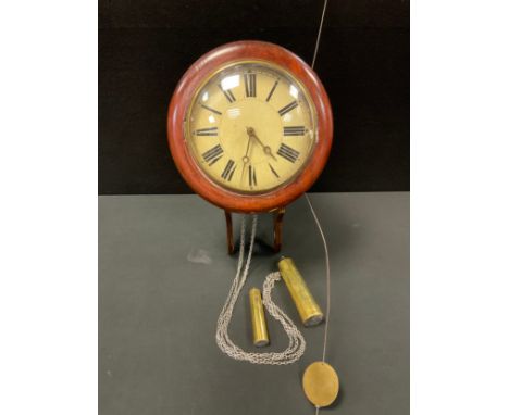 A late 19th century wall clock, cream dial, bold Roman numerals, twin weight driven movement, associated wall bracket, 46cm h