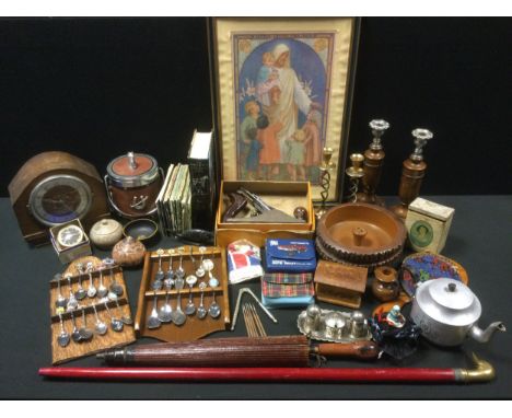 Boxes &amp; Objects - a pair of turned oak candlesticks;  others brass;  clock;  Record No 4 smoothing plane;  Art Deco handl