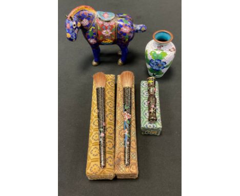 A Japanese Cloissone enamel horse, 11cm high;  vase;  pair of brushes etc (5) 