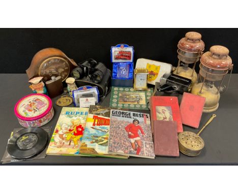 Boxes &amp; Objects - a pair of tilley lamps;  binoculars,  clock;  first aid kit;  Blue Circle Industries carriage clock;  w