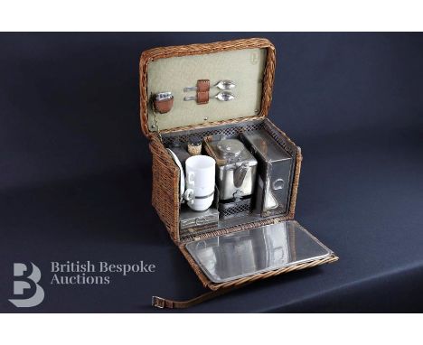 G.W Scott &amp; Sons compact and unusual fold-fronted wicker case circa 1905. Fully complete with sandwich box, food boxes, k