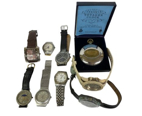 Mixed lot of eight various wristwatches together with a Dalvey 'Voyager' Clock. To include three Swatch watches, Frederick St