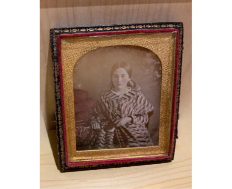 Four circa 1850s sixth plate Daguerreotype portrait photographs of ladies  two of young ladies in geometric pattern dresses, 