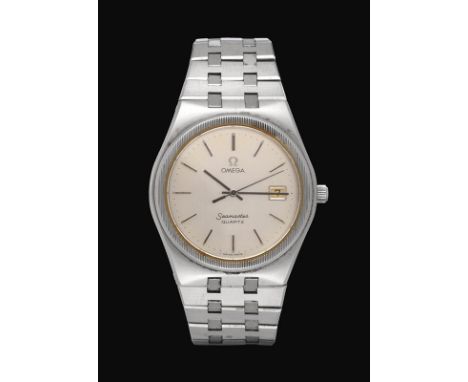 A Stainless Steel Calendar Centre Seconds Wristwatch, signed Omega, model: Seamaster, circa 1975, quartz movement, silvered d