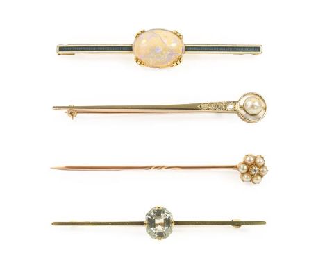 A Split Pearl and Diamond Stickpin, an old cut diamond within a border of split pearls; An Enamel Opal Bar Brooch, the oval c