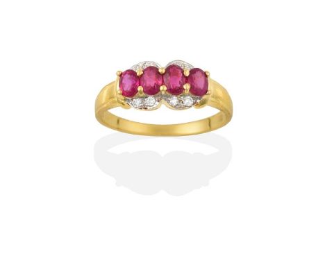 A Synthetic Ruby and Diamond Ring, four oval synthetic rubies in yellow claw settings, within a round brilliant cut diamond b