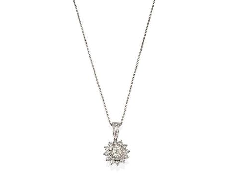 A Diamond Cluster Pendant on Chain, a round brilliant cut diamond within a double border of round brilliant cut diamonds, to 