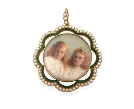 An Edwardian Enamel and Split Pearl Portrait Miniature Pendant, the circular frame with a portrait miniature centrally depict