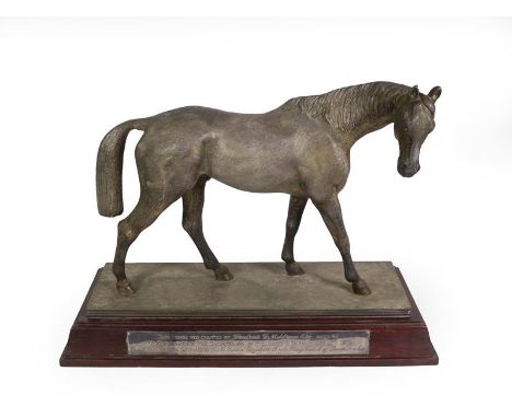 A Silver Plate Model of a Horse, Modelled by Frederick 'Fred' Meldrum, Dated 1973, realistically modelled, on mahogany finish