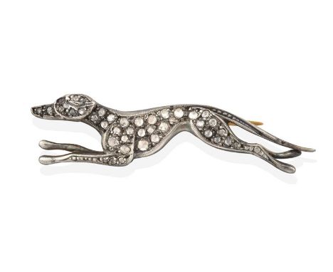 A Diamond Greyhound Brooch, realistically modelled as a racing greyhound, set throughout with eight-cut and rose cut diamonds