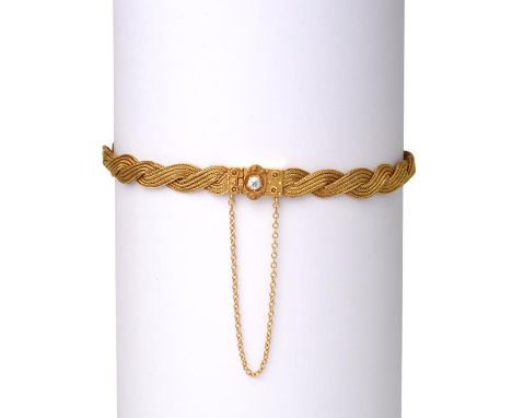 A Fancy Link Bracelet, two entwined yellow woven chain links terminating to a textured old cut diamond set clasp, estimated d