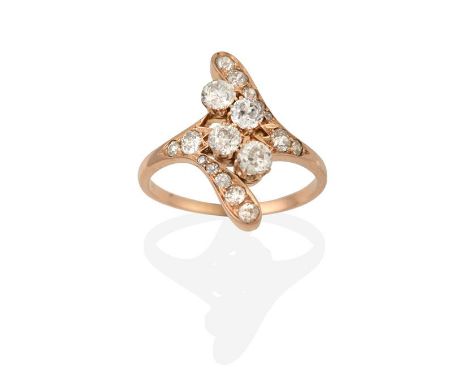 A Diamond Ring, pairs of old cut diamonds set diagonally in rose claw settings, to twist shoulders set throughout with old cu