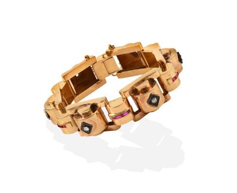 A Continental Art Deco Style Synthetic Ruby and Diamond Bracelet, of geometric design, formed of six bombé yellow plain polis