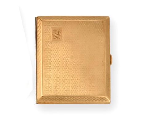 A George V Gold Cigarette-Case, by John Henry Wynn, Birmingham, 1927, 9ct, oblong, the hinged cover and base each engine turn