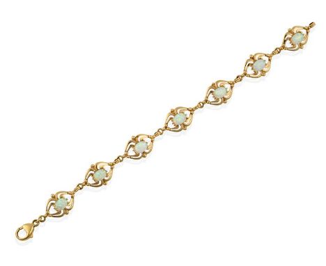 A 9 Carat Gold Opal Bracelet, seven oval opal cabochons in yellow claw settings, within an openwork border, length 18cm .  Th