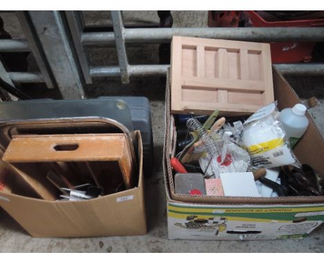 Two boxes including artists materials including brushes, desk easel etc