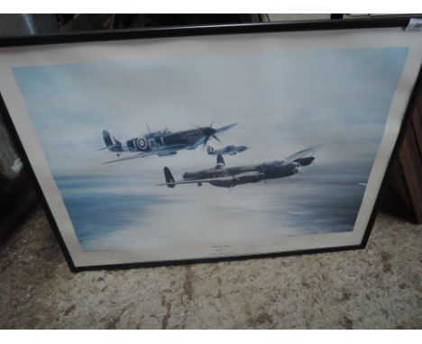 A print Memorial Flight after Robert Taylor, 1984, featuring The spitfire,Hurricane and Lancaster , signed Peter Townsend, Jo