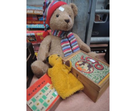 A mid 20th century Loto (French) game in two wooden storage boxes and a Frazer Teddy Bear 2005 and a vintage Sooty glove pupp