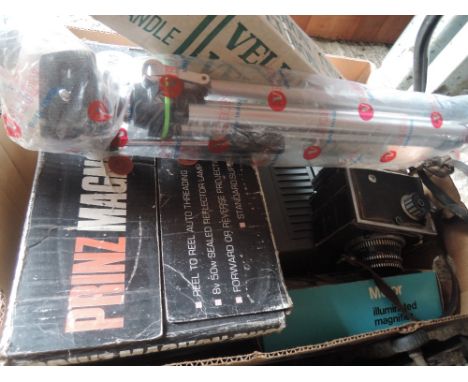 A box of vintage photographic equipment including Corfield 66