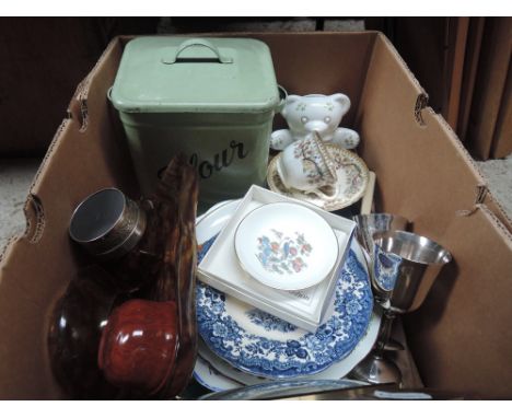 A miscellaneous box containing enamel flour bin, plated goblets, ceramics and flatware