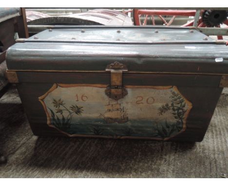 A vintage travel trunk, having later painted maritime decoration