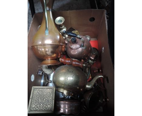 A box of brass and copper ware including tea caddy