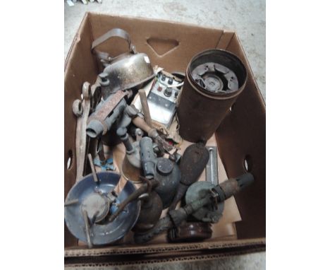 A box of vintage tools including brass blow torch, oil cans etc