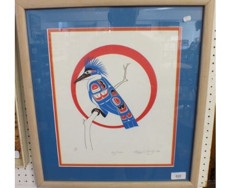 A Native American artists print of a kingfisher signed in pencil 'Richard Shorty, Yokon 1989' - 33 x 28cm